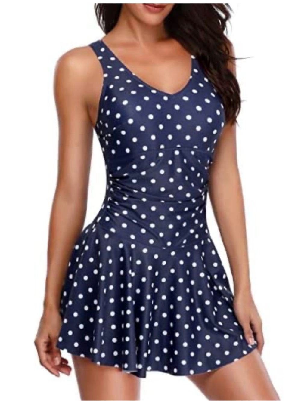 Navy Polka Dot Swimdress with Flared Skirt